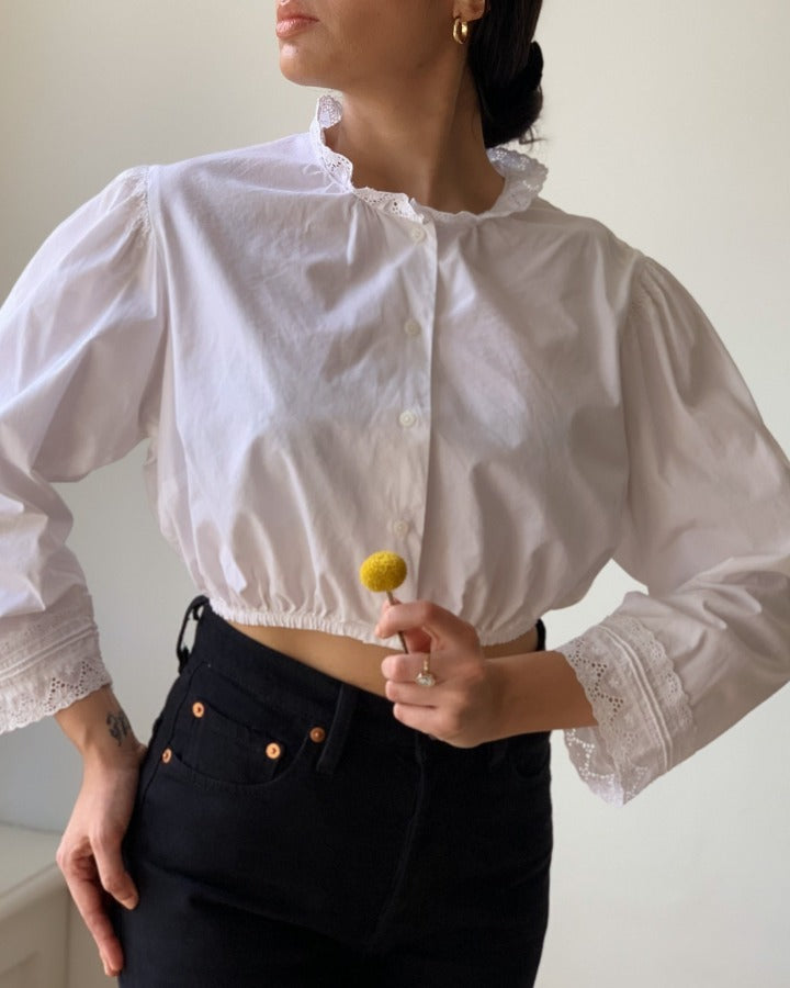 Vintage Cotton Cropped Blouse With Ruffle Lace Collar 5