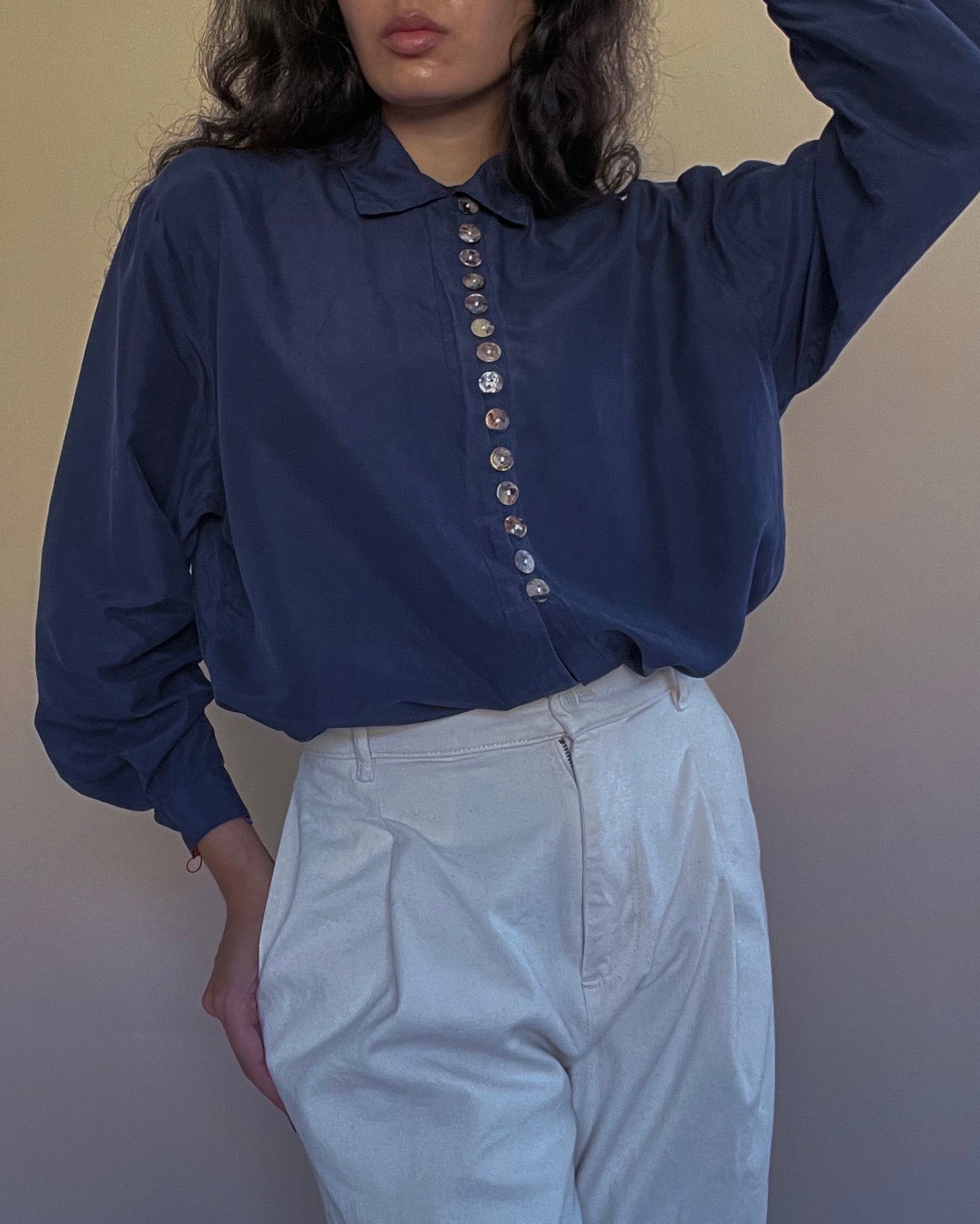 Vintage Navy Silk Blouse With Texturized Buttons